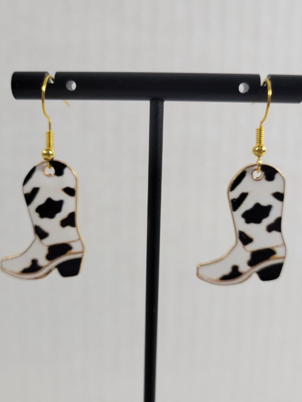 Cowgirl Boot Cow Print Dangle Earrings Black White Western Drop E18E